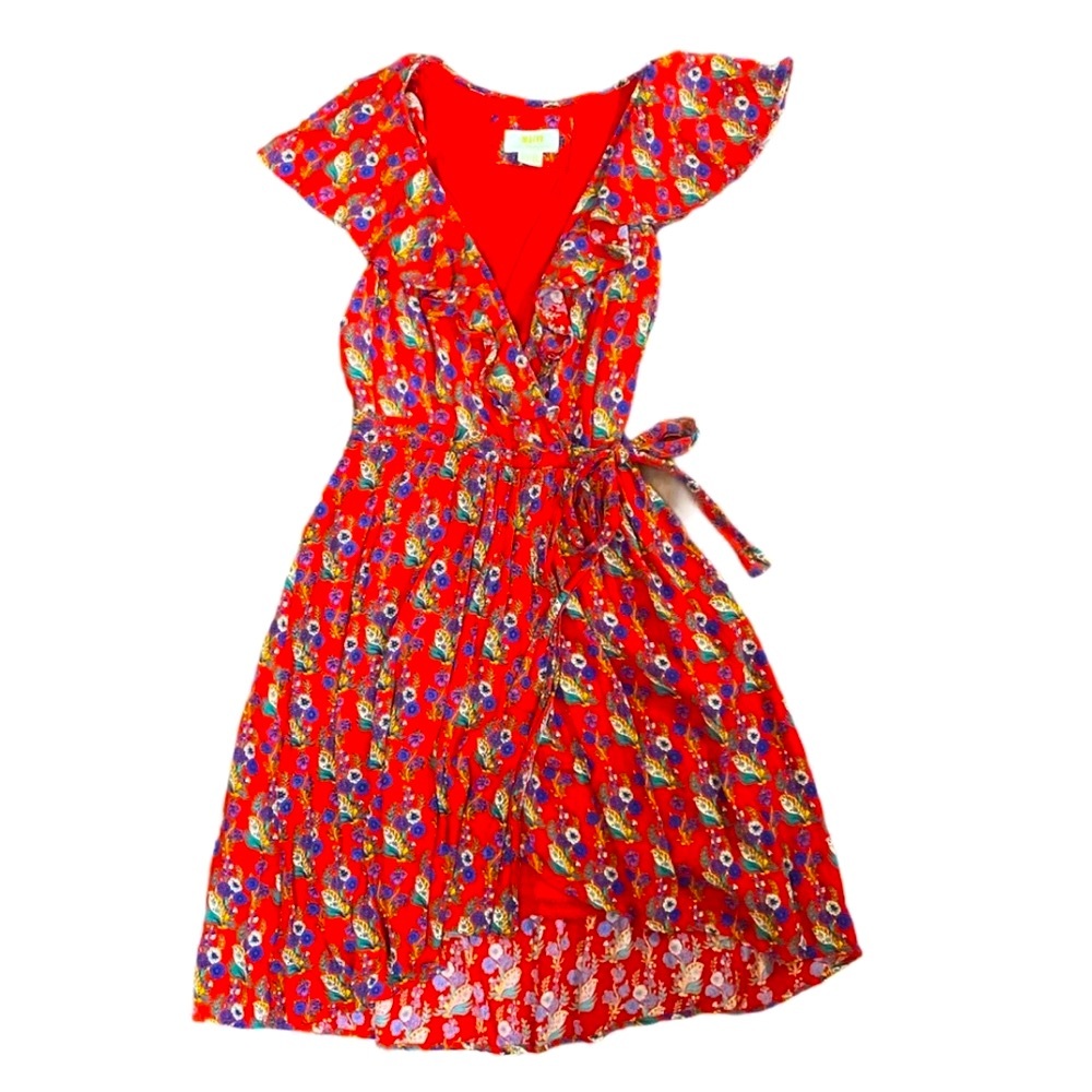 red Anthropologie floral dress tie bow waist sz 0